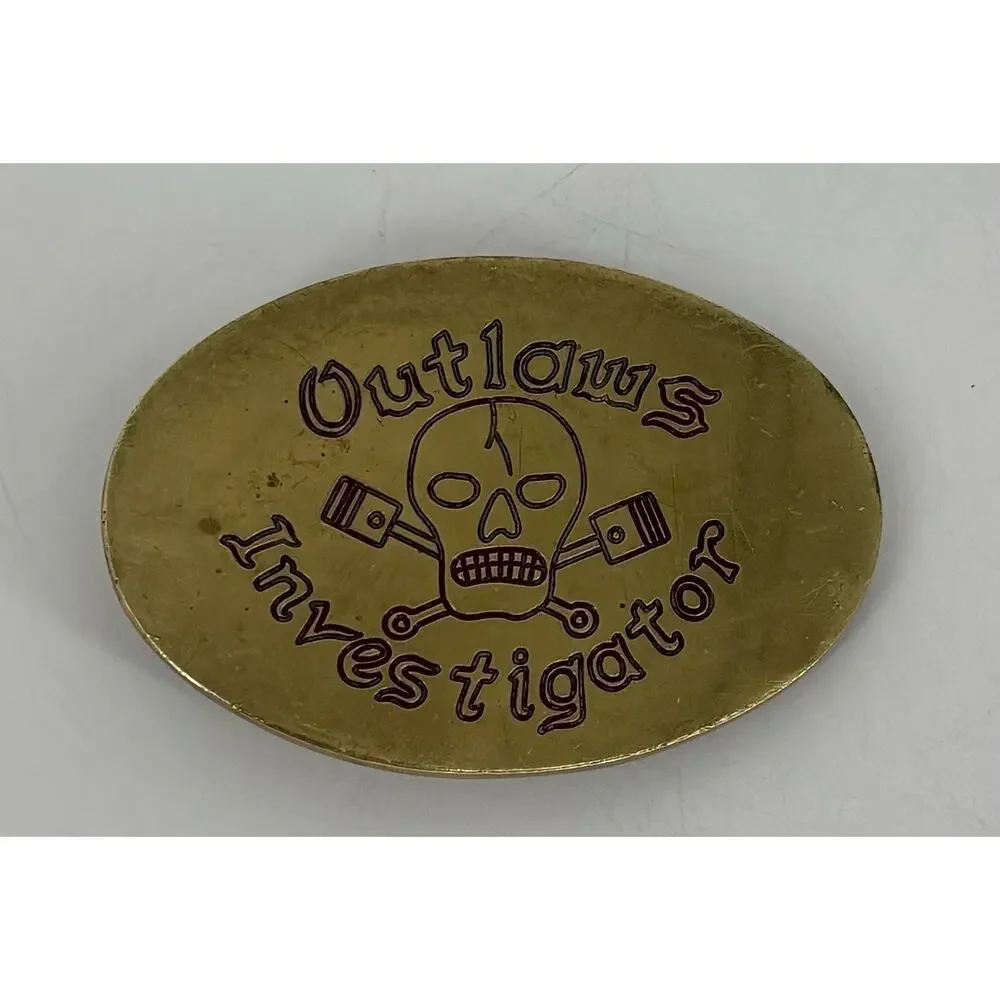 Rare Vtg 1980 Baron Buckles Brass Outlaws Investigator Skull Belt #241 Pistons